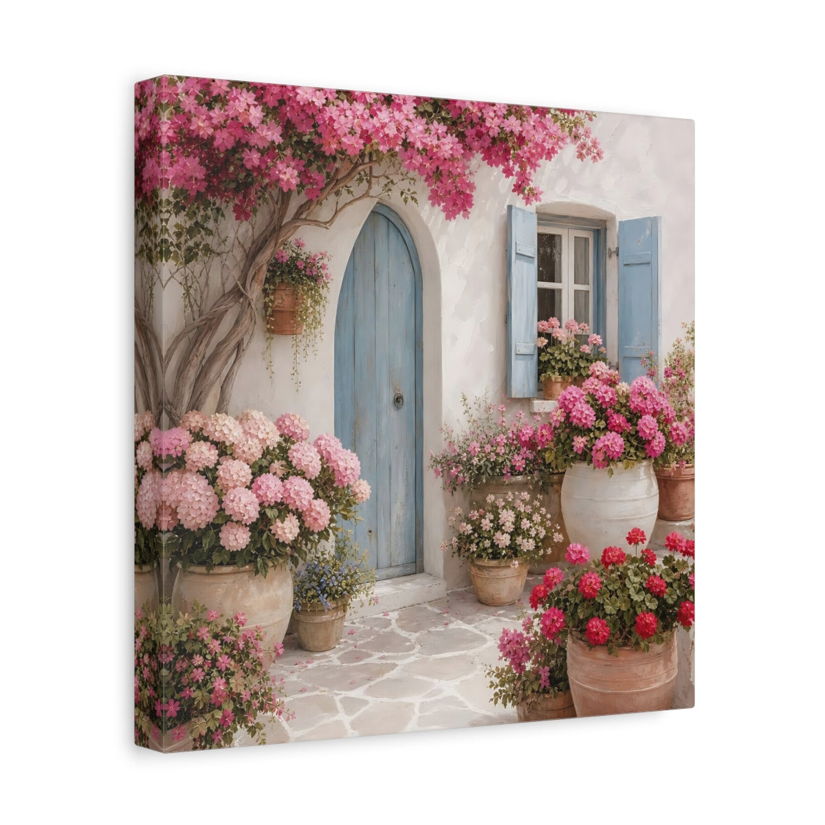 Side Mockup 8. Floral Flowering Facade Pink And Blue shown as stretched canvas wall art
