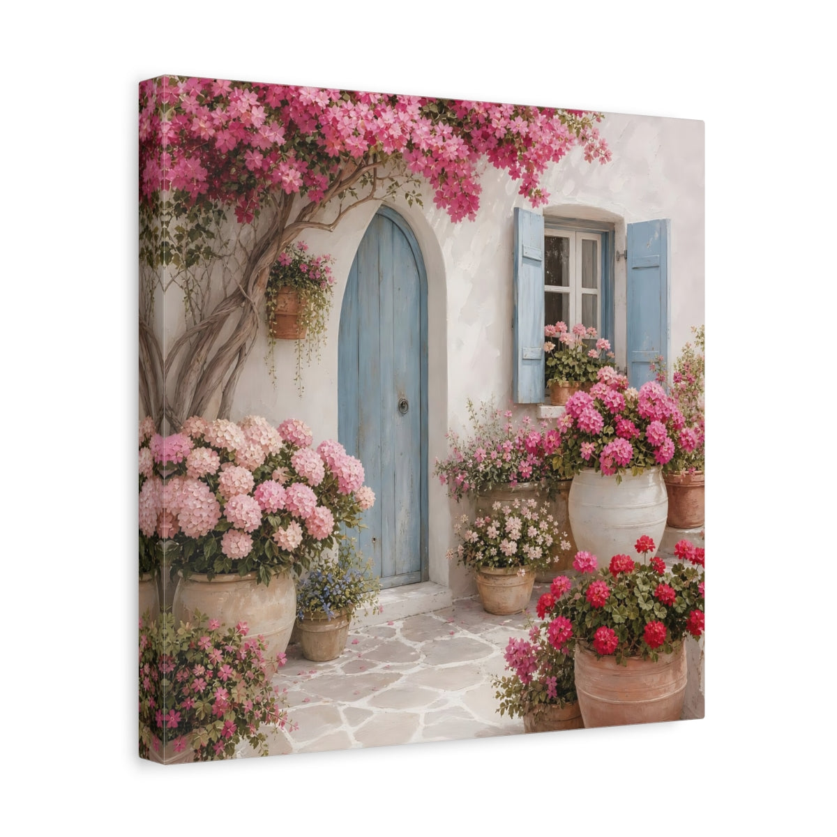Side Mockup 7. Floral Flowering Facade Pink And Blue shown as stretched canvas wall art