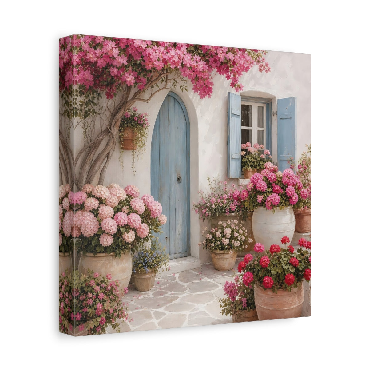 Side Mockup 9. Floral Flowering Facade Pink And Blue shown as stretched canvas wall art