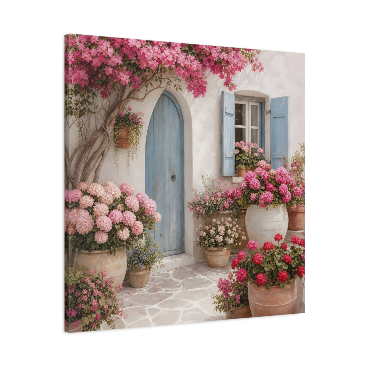 Side Mockup 3. Floral Flowering Facade Pink And Blue shown as stretched canvas wall art