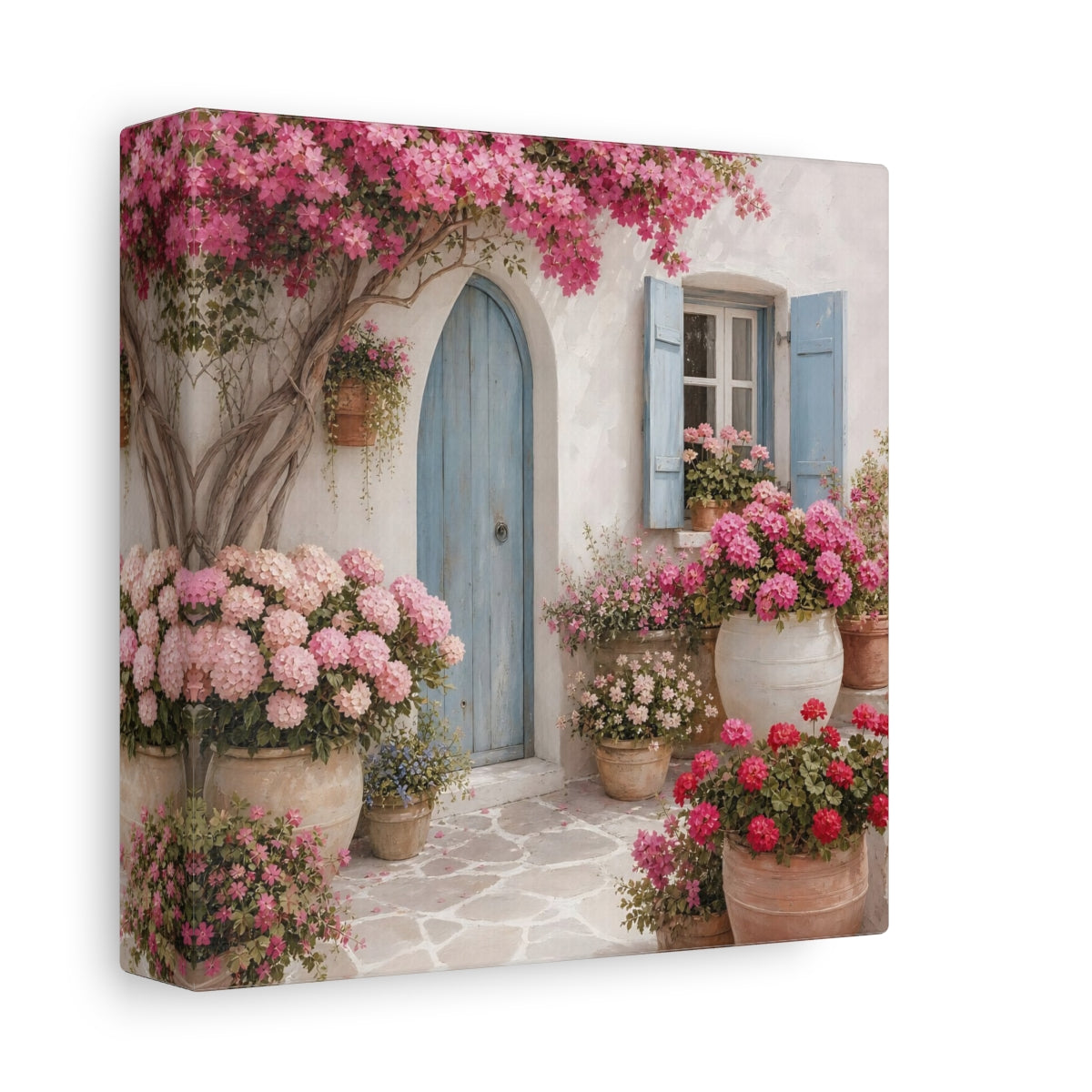Side Mockup 2. Floral Flowering Facade Pink And Blue shown as stretched canvas wall art