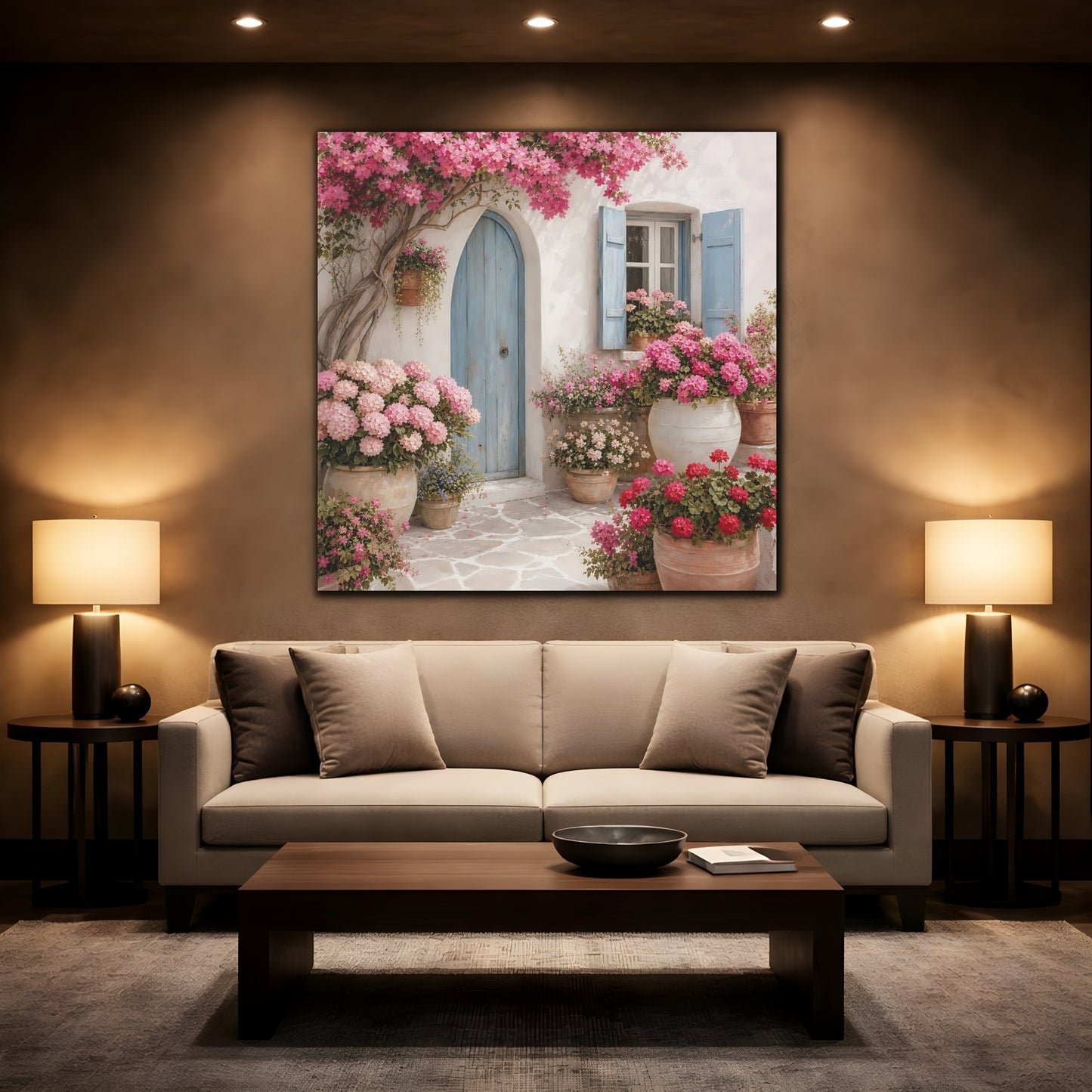 Mockup 2. Floral Flowering Facade Pink And Blue shown as stretched canvas wall art