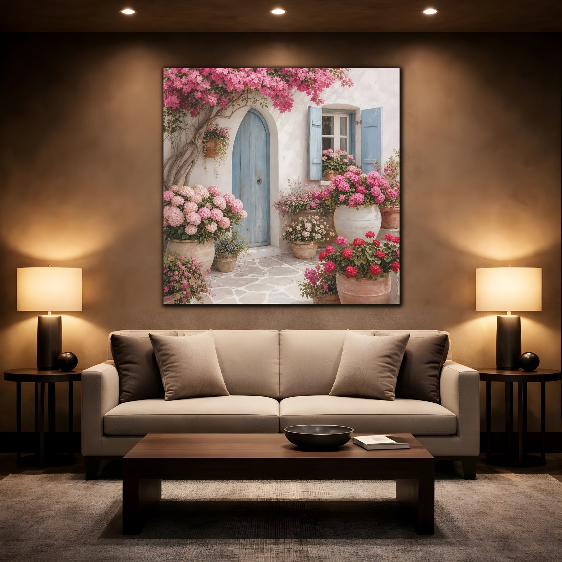 Mockup 2. Floral Flowering Facade Pink And Blue shown as stretched canvas wall art