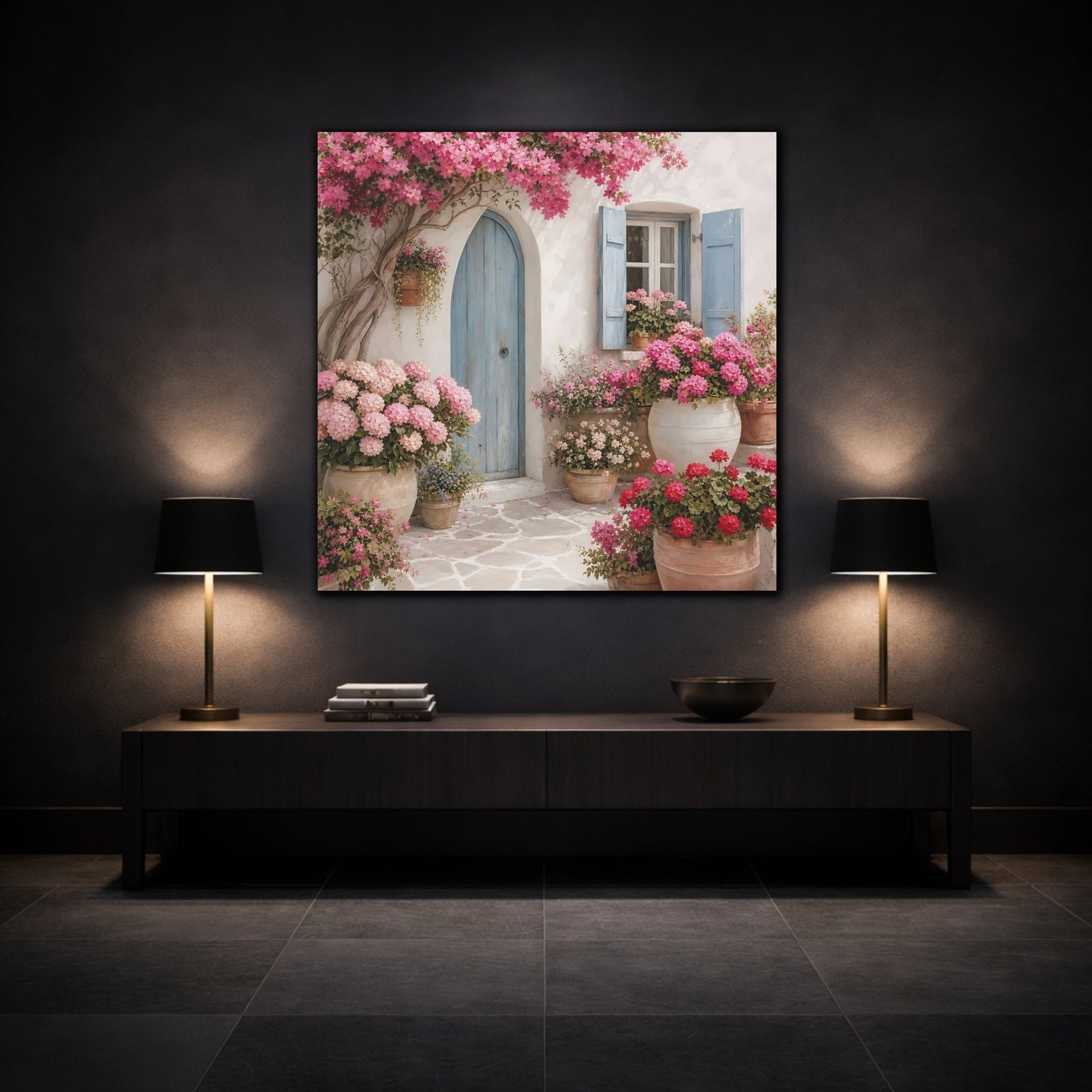 Mockup 3. Floral Flowering Facade Pink And Blue shown as stretched canvas wall art