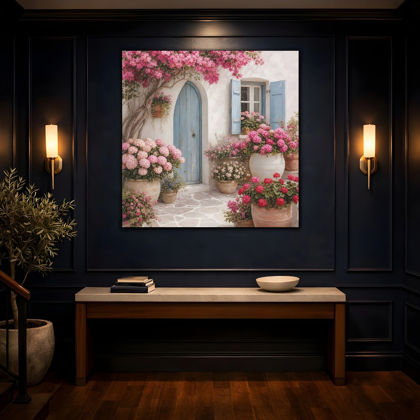 Mockup 4. Floral Flowering Facade Pink And Blue shown as stretched canvas wall art