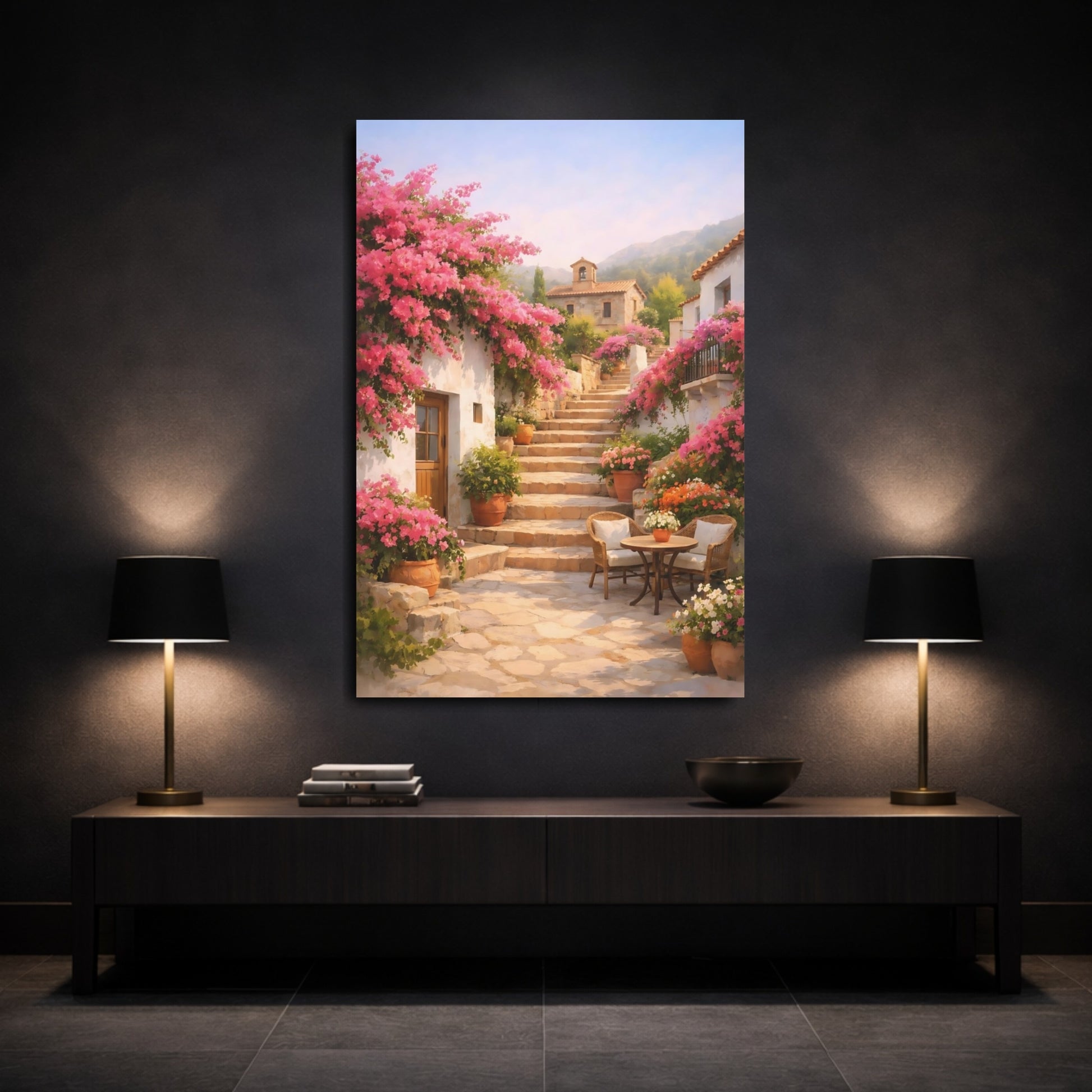 Mockup 2. Floral Flowering Village Pink Mediterranean Village shown as stretched canvas wall art