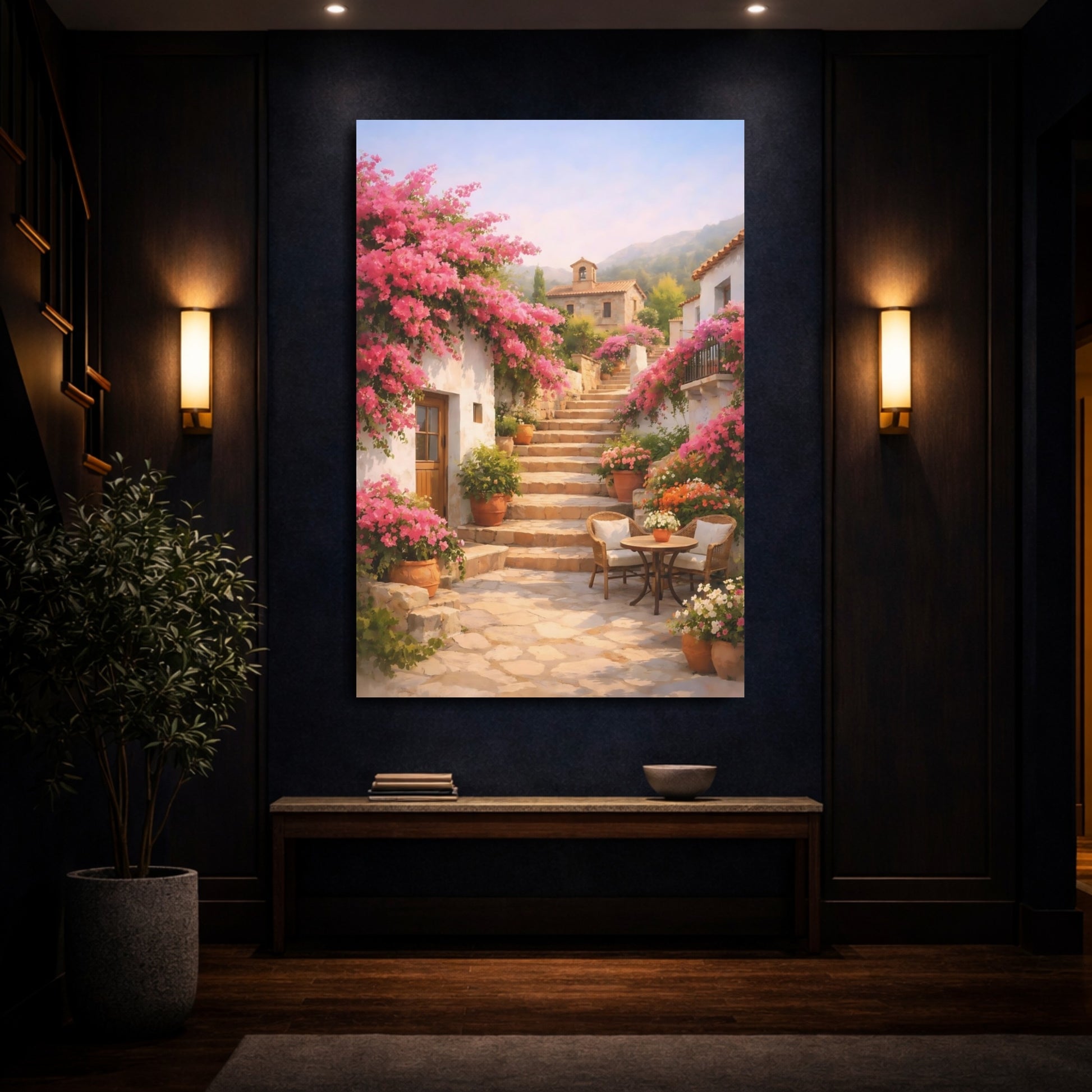 Mockup 3. Floral Flowering Village Pink Mediterranean Village shown as stretched canvas wall art