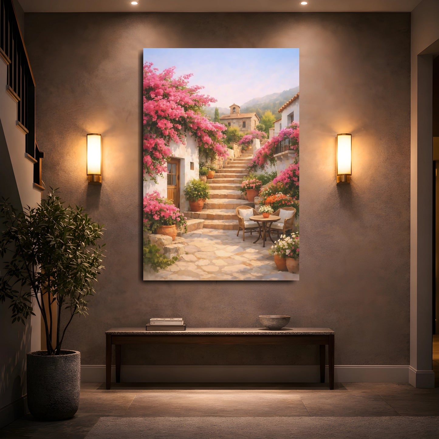 Mockup 4. Floral Flowering Village Pink Mediterranean Village shown as stretched canvas wall art