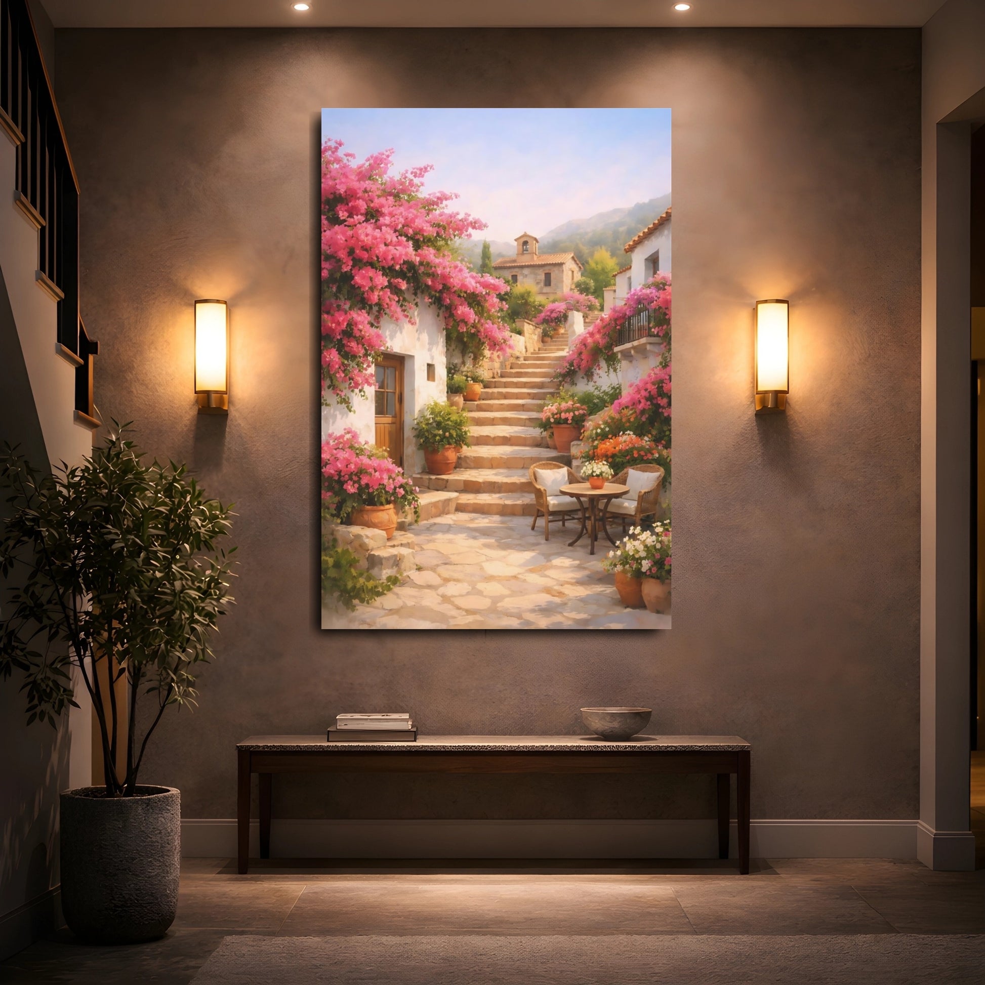 Mockup 4. Floral Flowering Village Pink Mediterranean Village shown as stretched canvas wall art