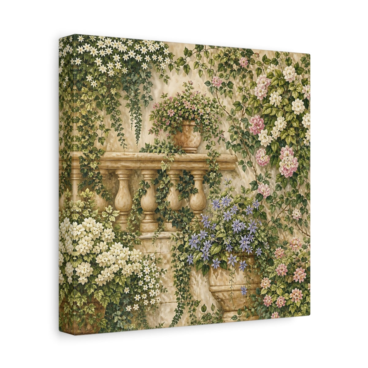 Side Mockup 9. Floral Flowering Vines Vibrant Garden shown as stretched canvas wall art