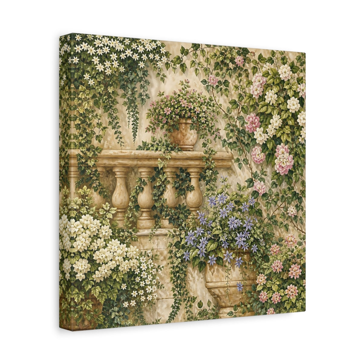 Side Mockup 8. Floral Flowering Vines Vibrant Garden shown as stretched canvas wall art