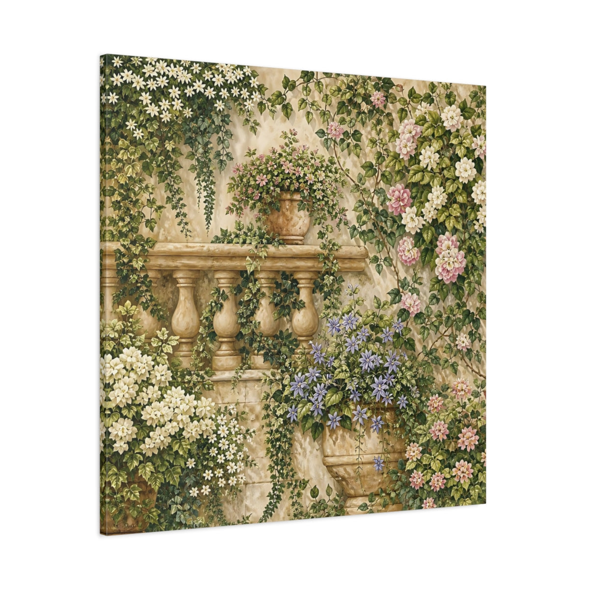 Side Mockup 1. Floral Flowering Vines Vibrant Garden shown as stretched canvas wall art
