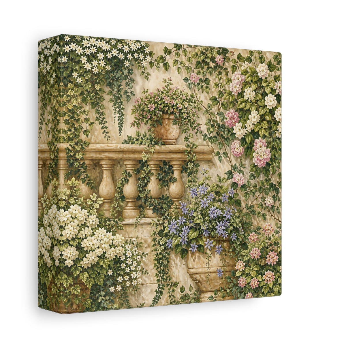 Side Mockup 2. Floral Flowering Vines Vibrant Garden shown as stretched canvas wall art