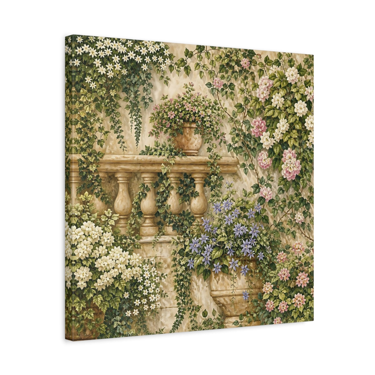 Side Mockup 5. Floral Flowering Vines Vibrant Garden shown as stretched canvas wall art