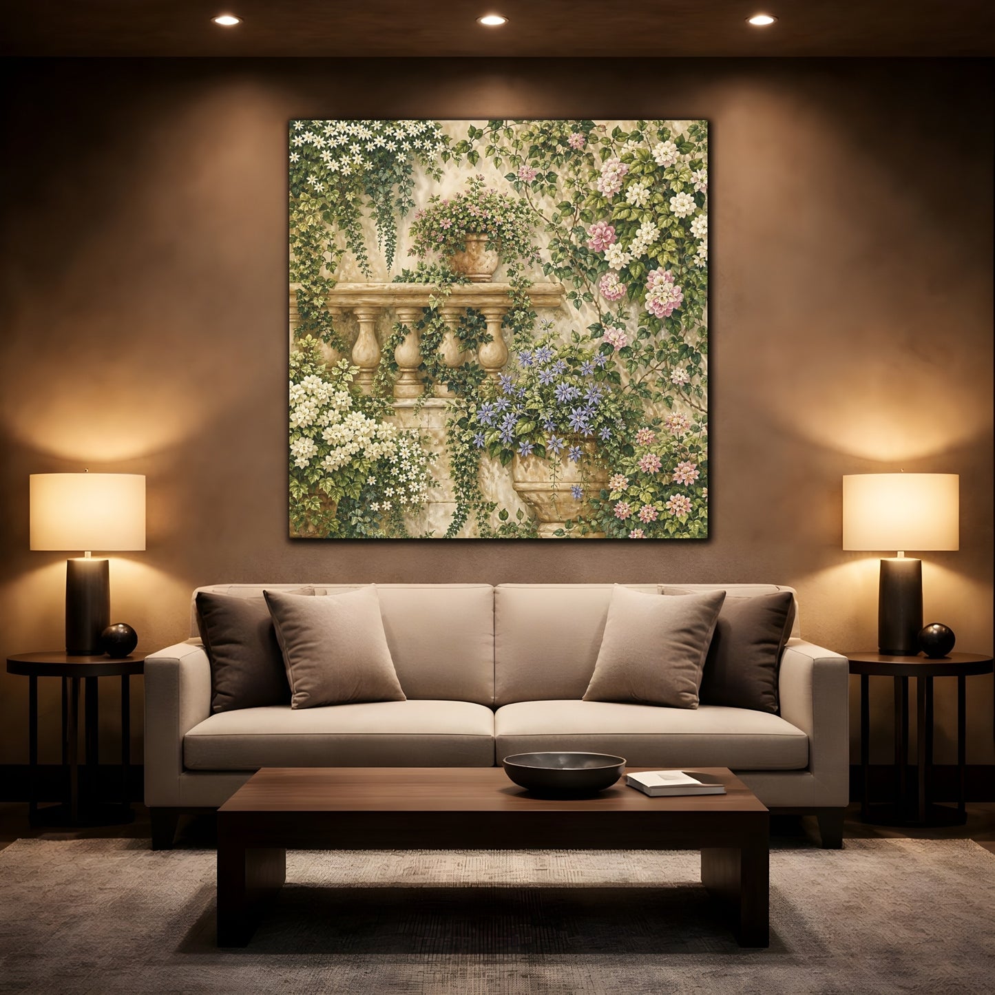 Mockup 2. Floral Flowering Vines Vibrant Garden shown as stretched canvas wall art