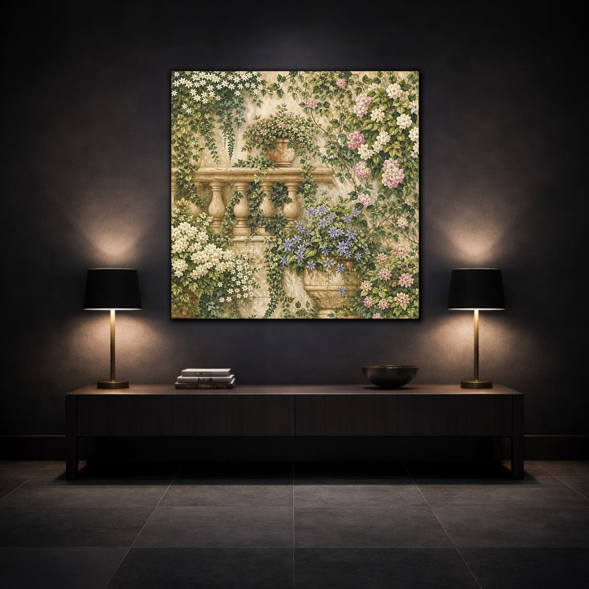 Mockup 3. Floral Flowering Vines Vibrant Garden shown as stretched canvas wall art