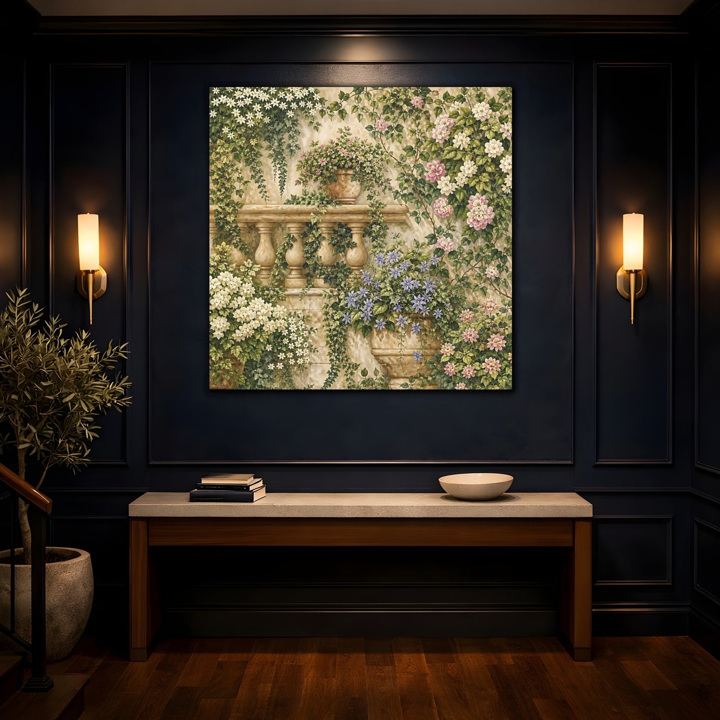 Mockup 4. Floral Flowering Vines Vibrant Garden shown as stretched canvas wall art