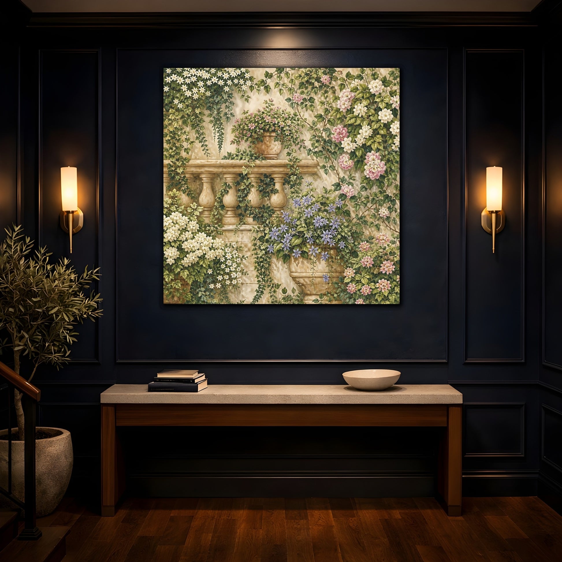 Mockup 4. Floral Flowering Vines Vibrant Garden shown as stretched canvas wall art