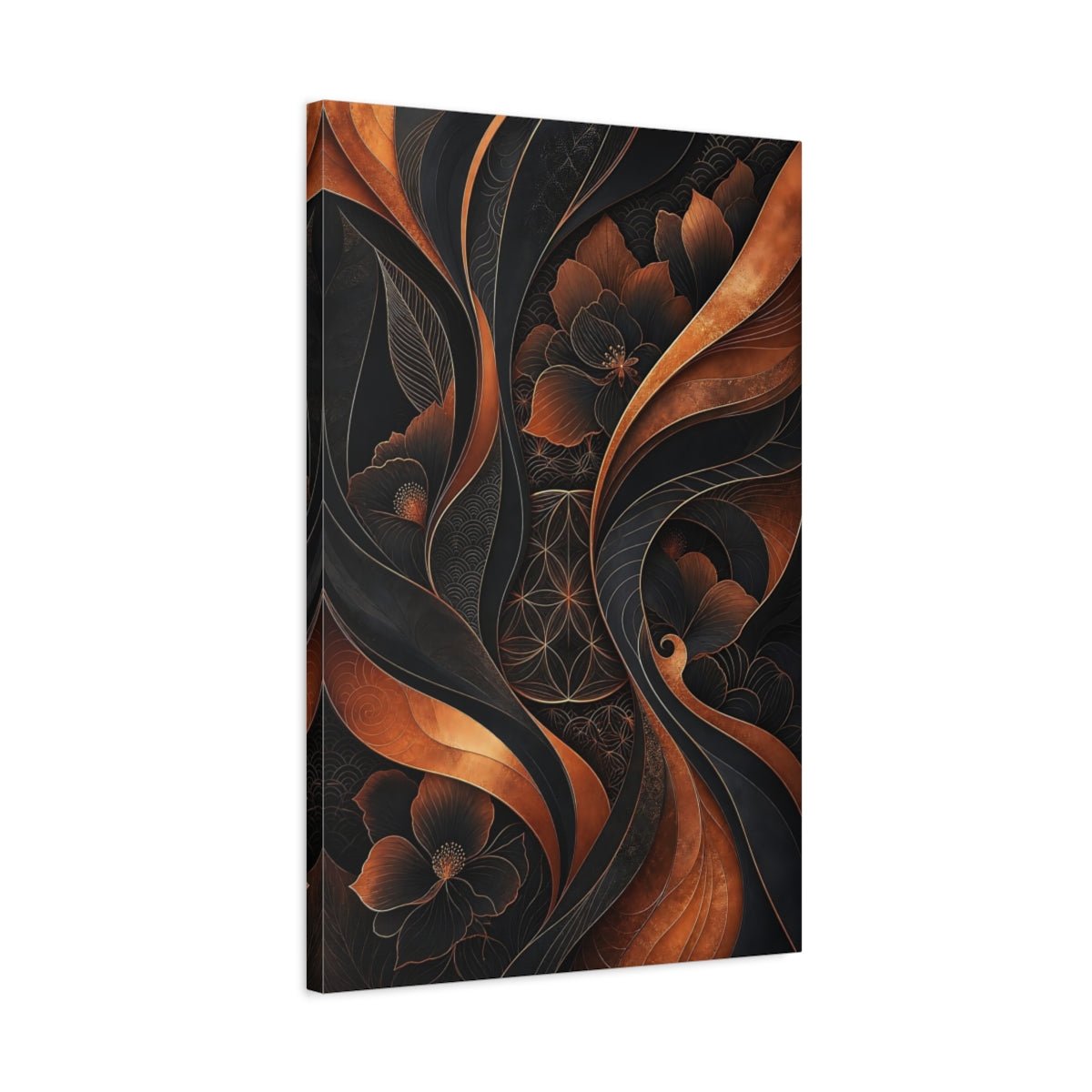 Floral Flowers Black And Copper Canvas Print – Living Room, Above Couch - YesArtYes