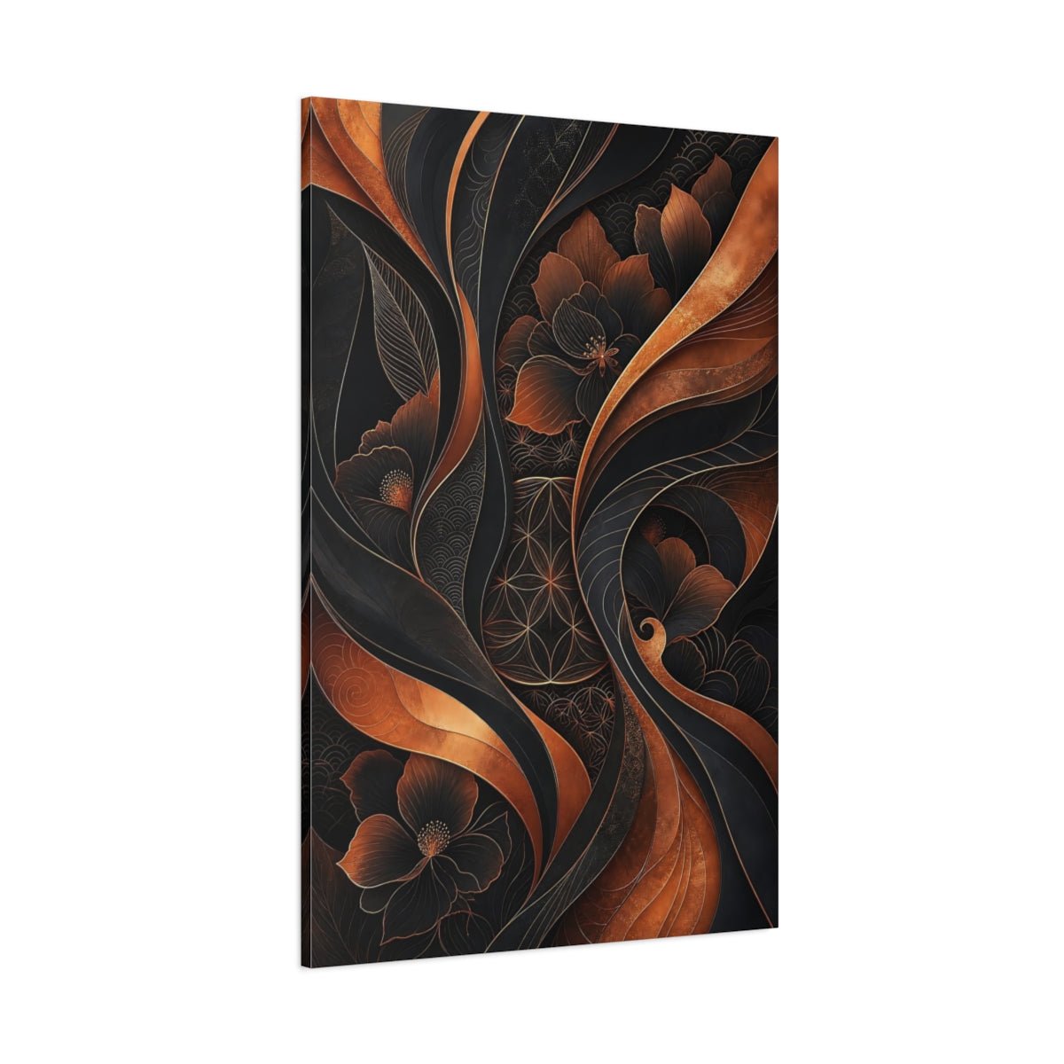 Floral Flowers Black And Copper Canvas Print – Living Room, Above Couch - YesArtYes