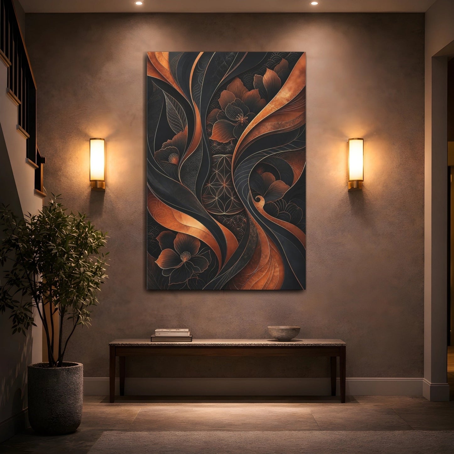Floral Flowers Black And Copper Canvas Print – Living Room, Above Couch - YesArtYes