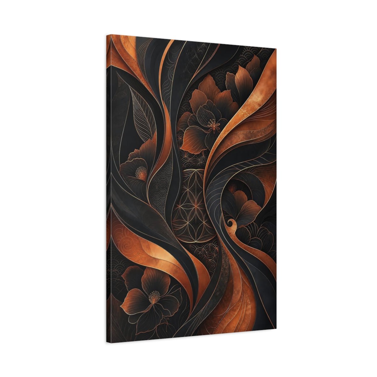 Floral Flowers Black And Copper Canvas Print – Living Room, Above Couch - YesArtYes