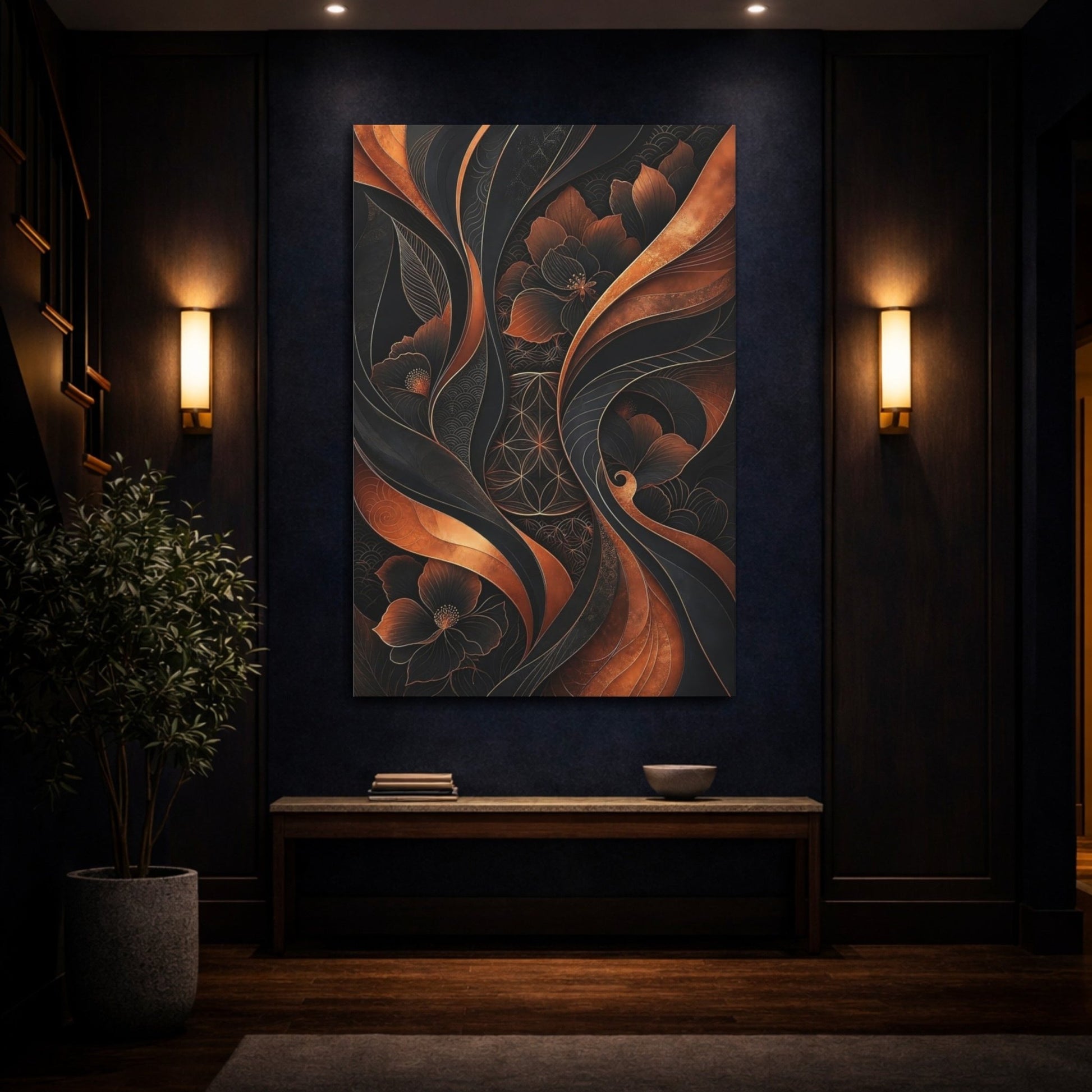Floral Flowers Black And Copper Canvas Print – Living Room, Above Couch - YesArtYes