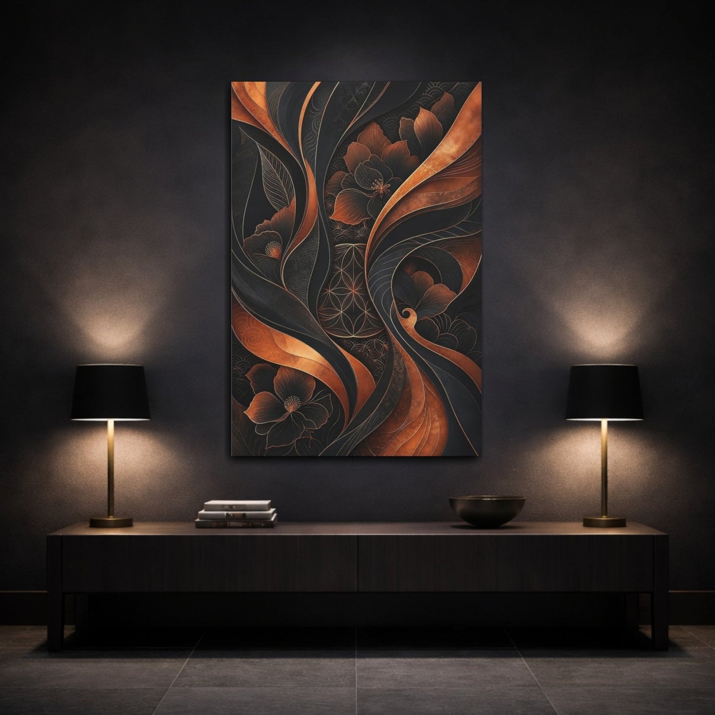 Floral Flowers Black And Copper Canvas Print – Living Room, Above Couch - YesArtYes