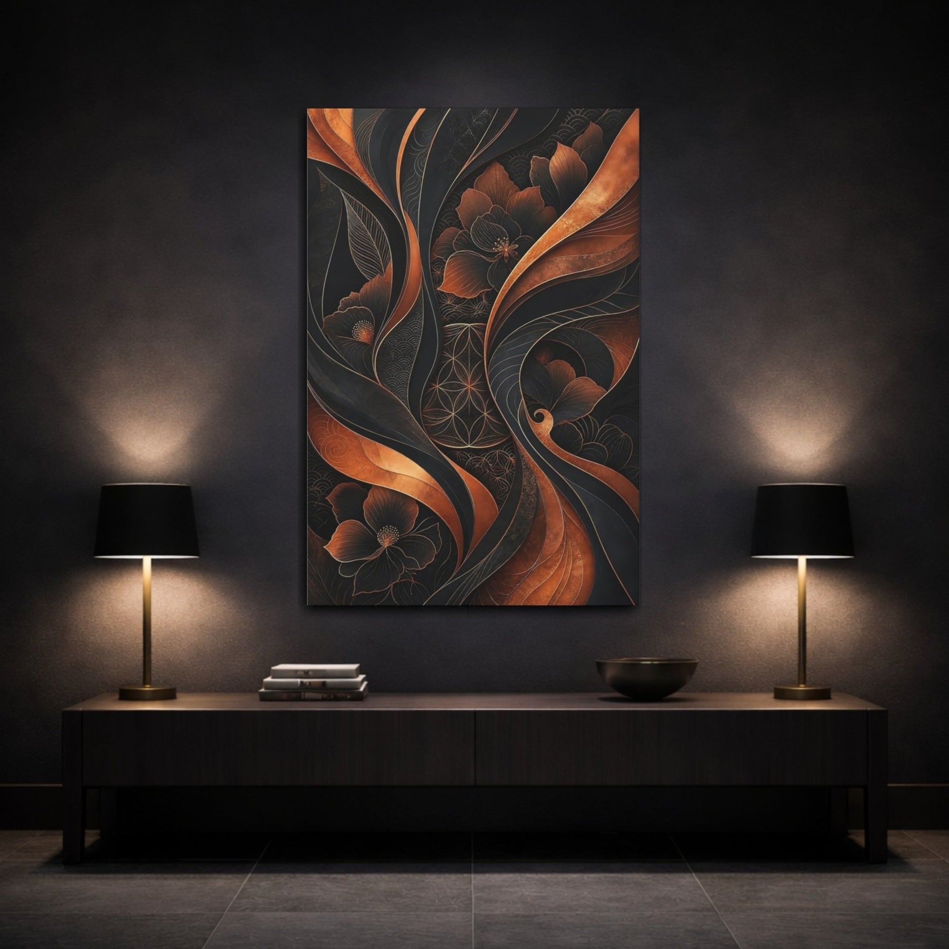 Floral Flowers Black And Copper Canvas Print – Living Room, Above Couch - YesArtYes