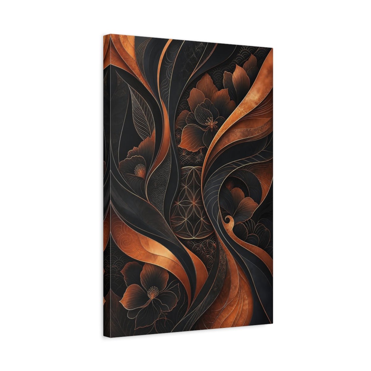 Floral Flowers Black And Copper Canvas Print – Living Room, Above Couch - YesArtYes