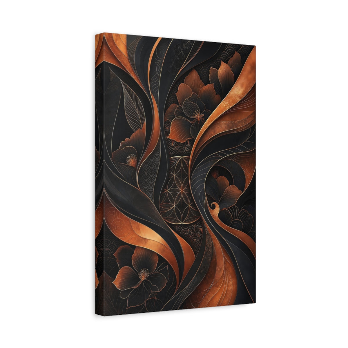 Side Mockup 4. Floral Flowers Black And Copper shown as stretched canvas wall art