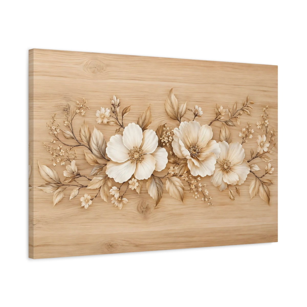 Side Mockup 2. Floral Flowers Cream And Brown Floral shown as stretched canvas wall art