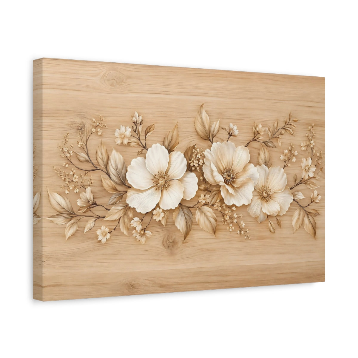 Side Mockup 4. Floral Flowers Cream And Brown Floral shown as stretched canvas wall art