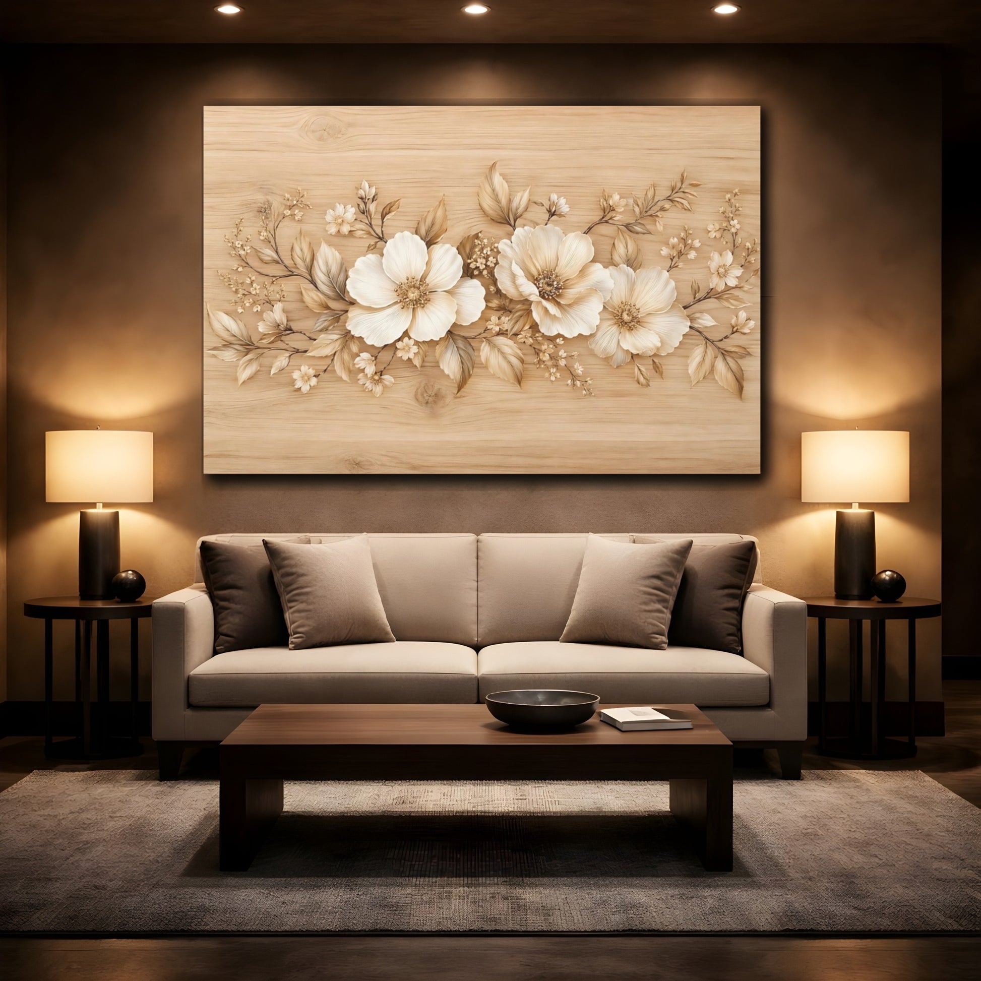Mockup 2. Floral Flowers Cream And Brown Floral shown as stretched canvas wall art