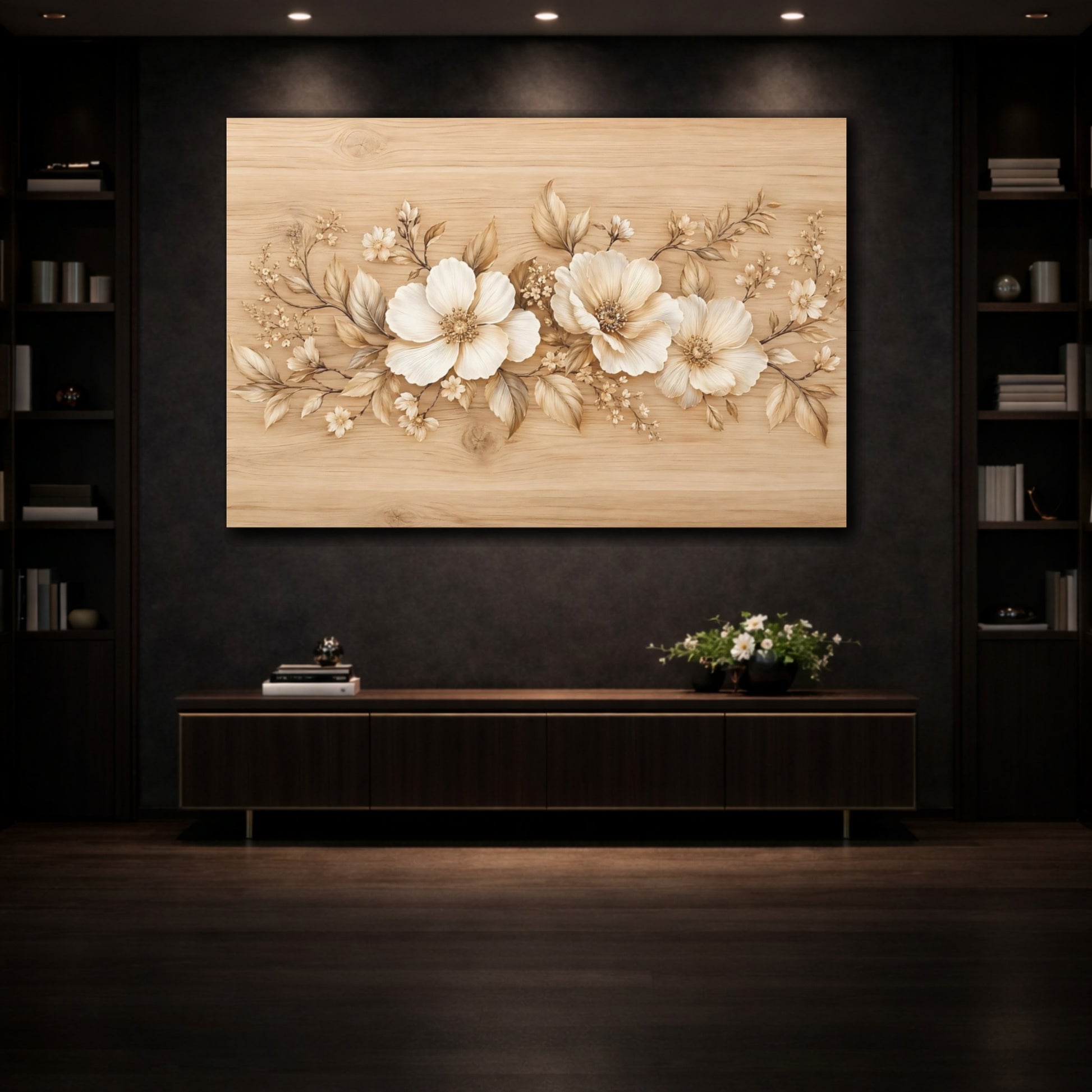Mockup 3. Floral Flowers Cream And Brown Floral shown as stretched canvas wall art
