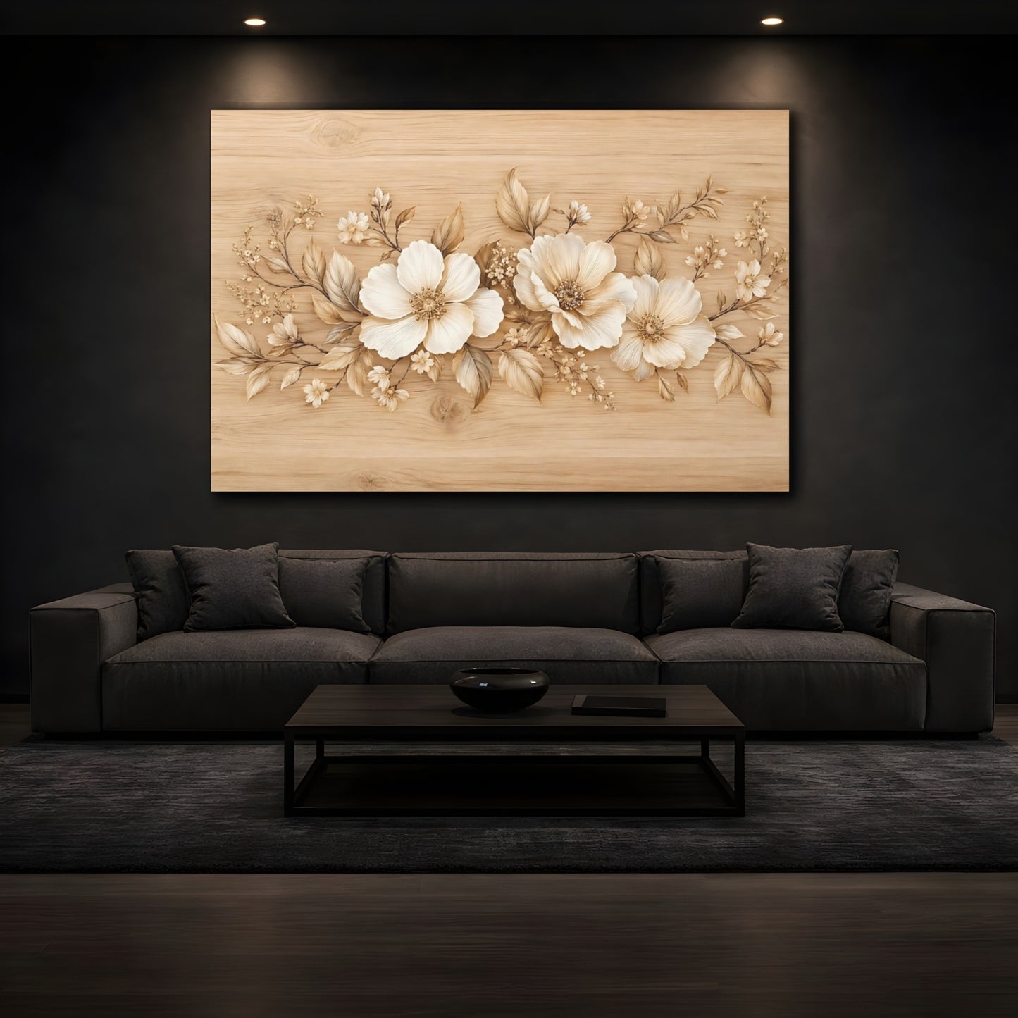Mockup 4. Floral Flowers Cream And Brown Floral shown as stretched canvas wall art