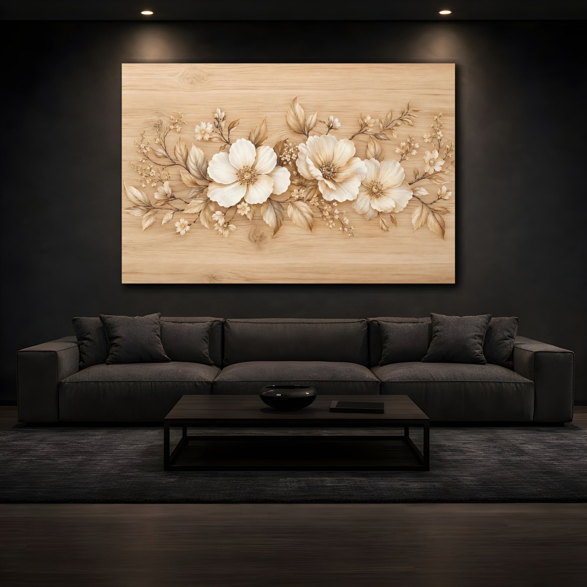 Mockup 4. Floral Flowers Cream And Brown Floral shown as stretched canvas wall art