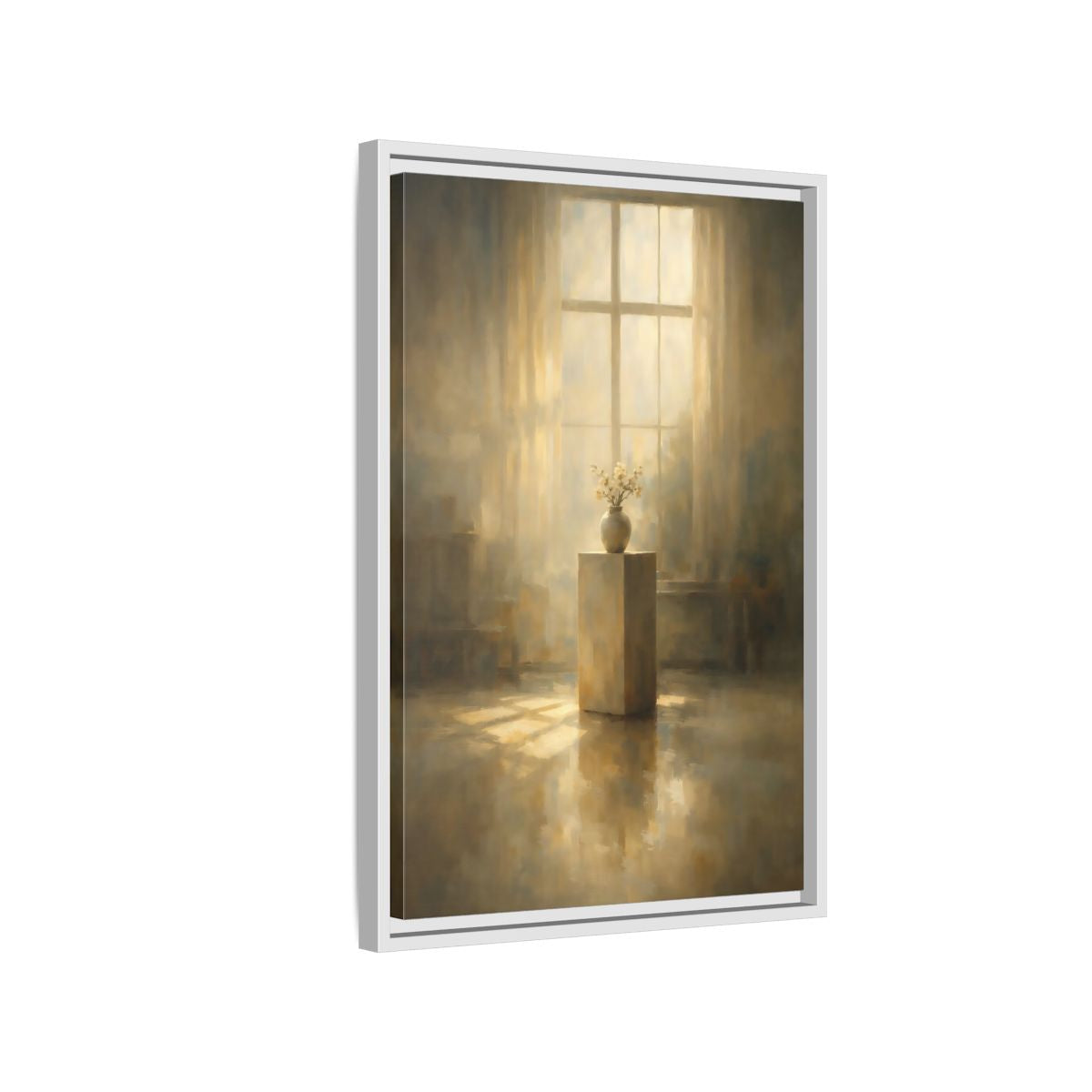 Side Mockup 1. Floral Flowers Warm Light shown as stretched canvas wall art
