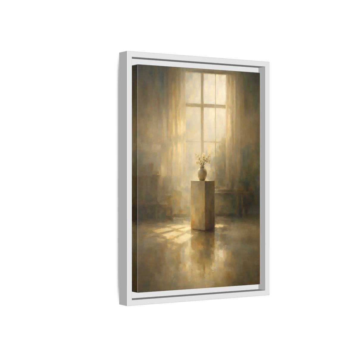 Side Mockup 4. Floral Flowers Warm Light shown as stretched canvas wall art