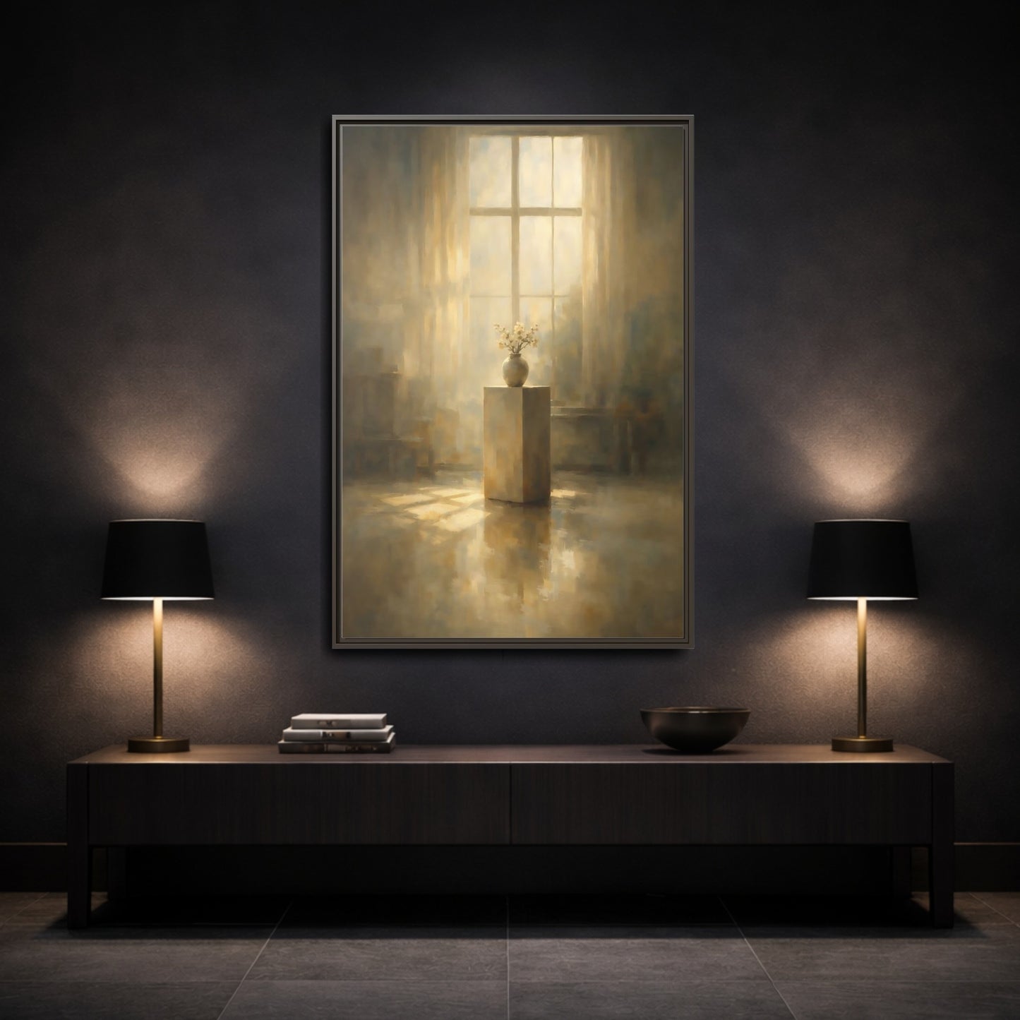 Mockup 2. Floral Flowers Warm Light shown as stretched canvas wall art