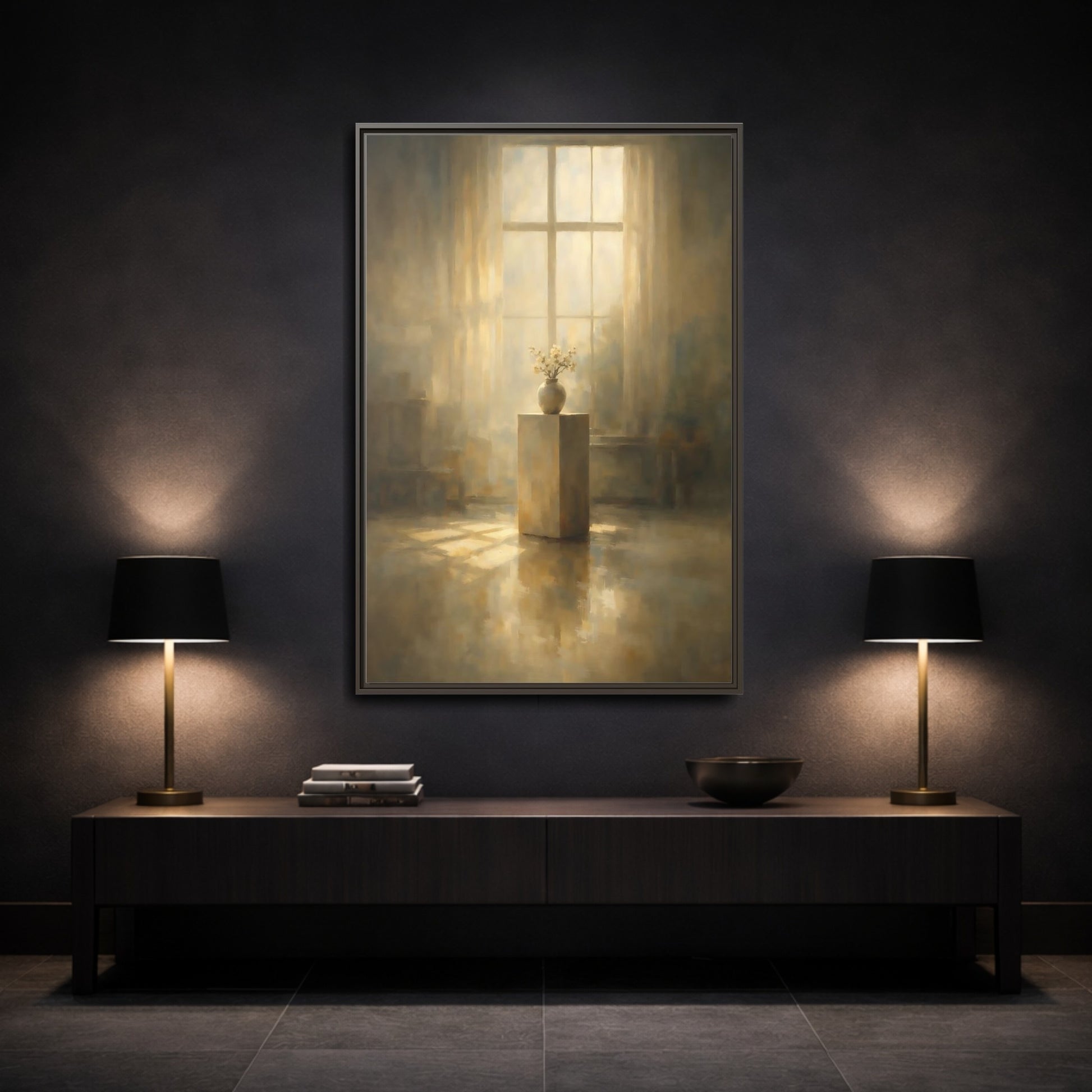 Mockup 2. Floral Flowers Warm Light shown as stretched canvas wall art