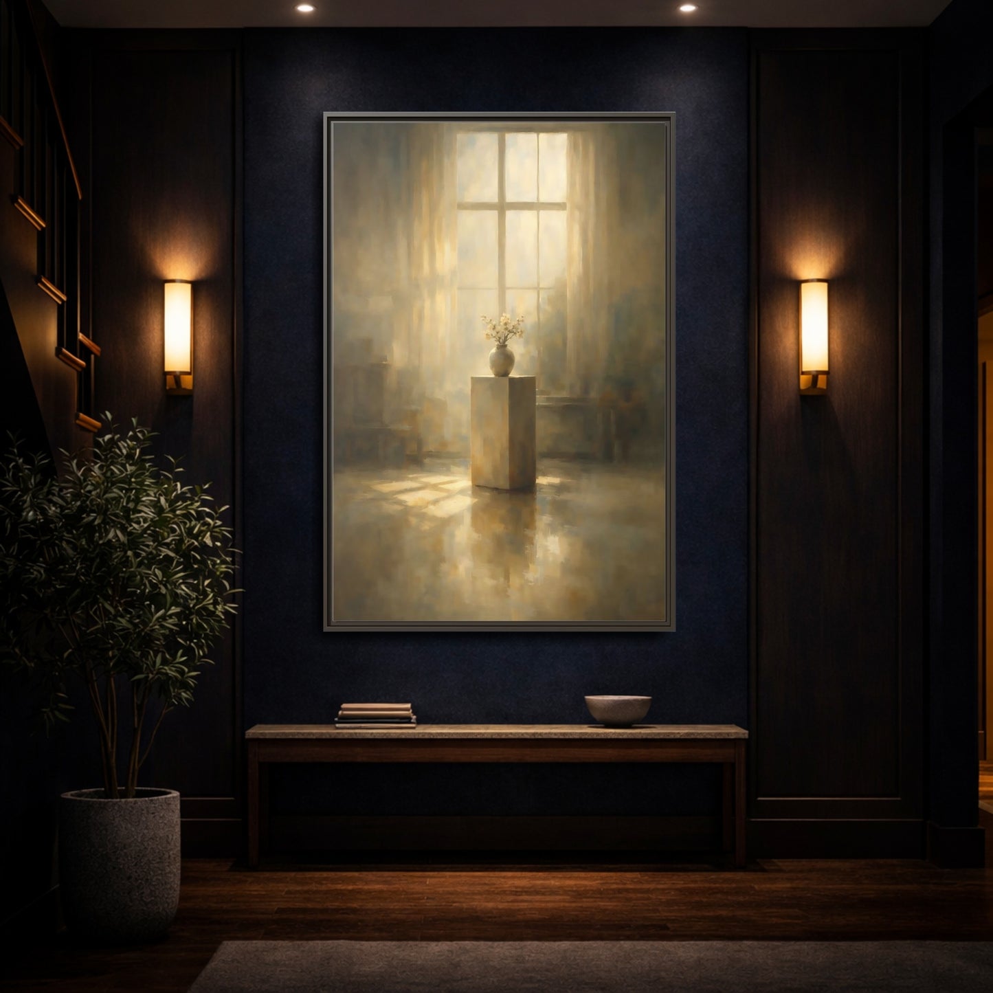 Mockup 3. Floral Flowers Warm Light shown as stretched canvas wall art