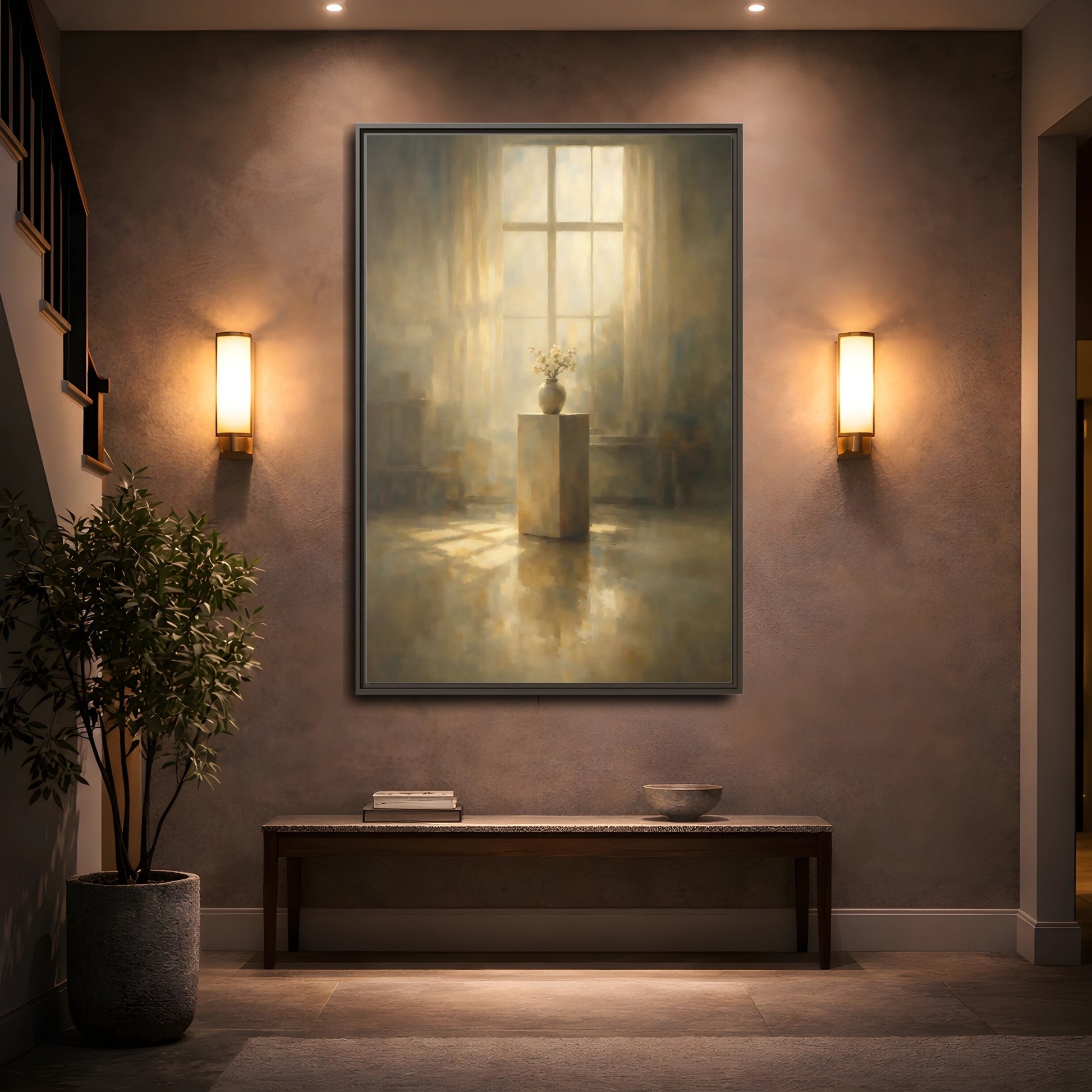 Mockup 4. Floral Flowers Warm Light shown as stretched canvas wall art