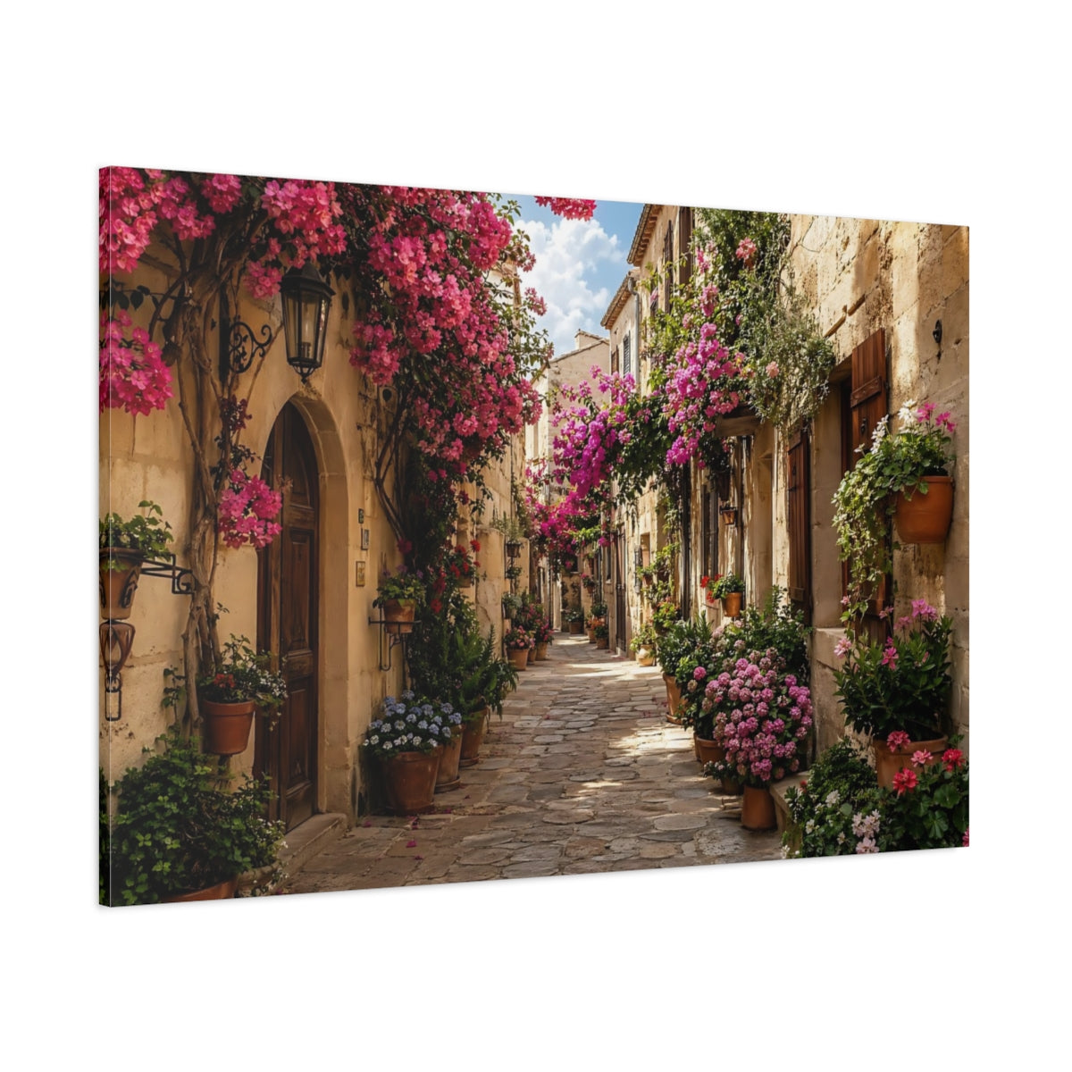 Side Mockup 1. Floral Flowery Street Pink Flowers Street shown as stretched canvas wall art