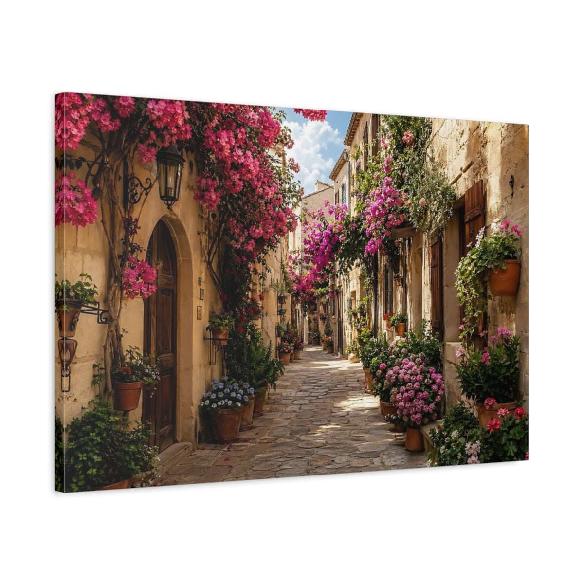 Side Mockup 2. Floral Flowery Street Pink Flowers Street shown as stretched canvas wall art