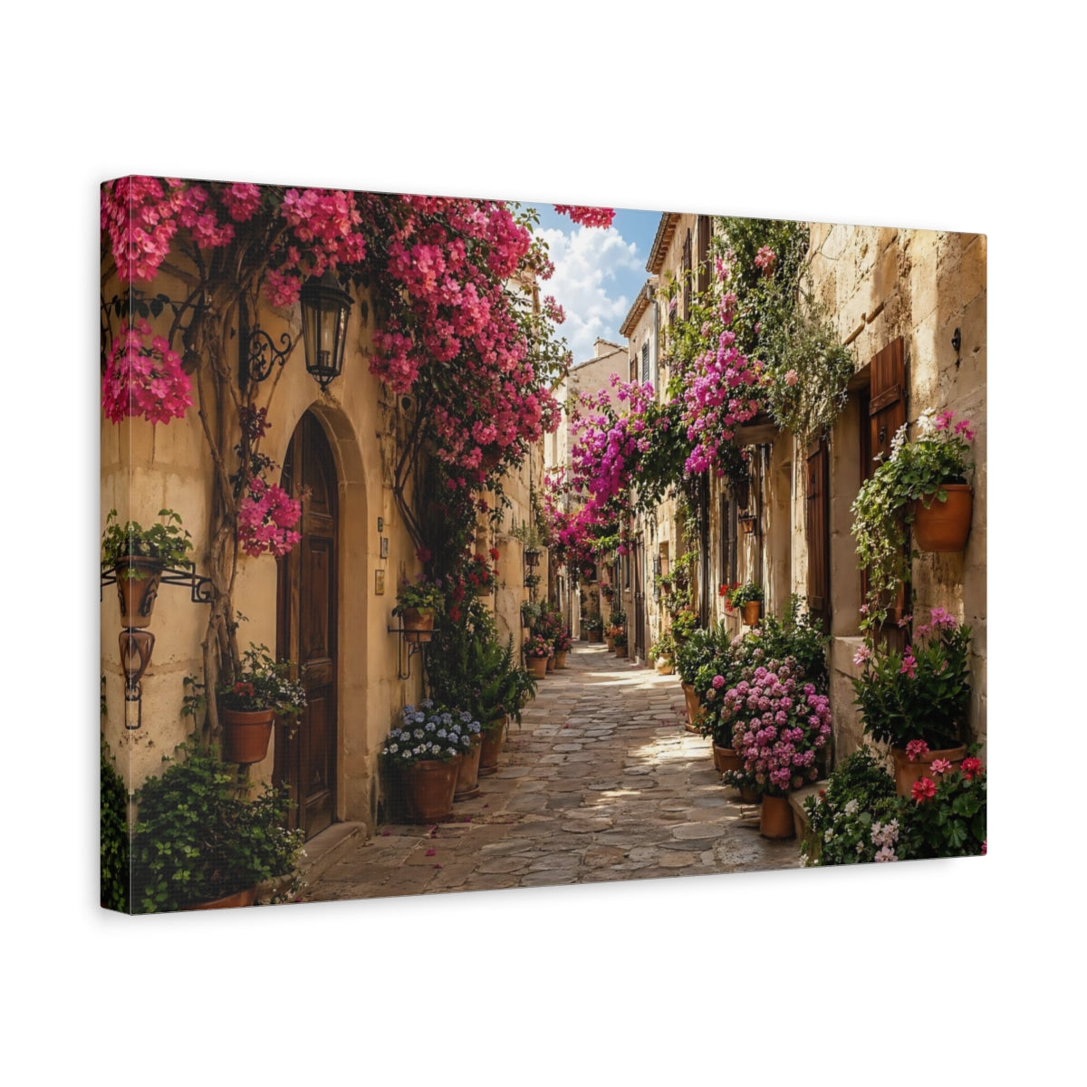 Side Mockup 4. Floral Flowery Street Pink Flowers Street shown as stretched canvas wall art