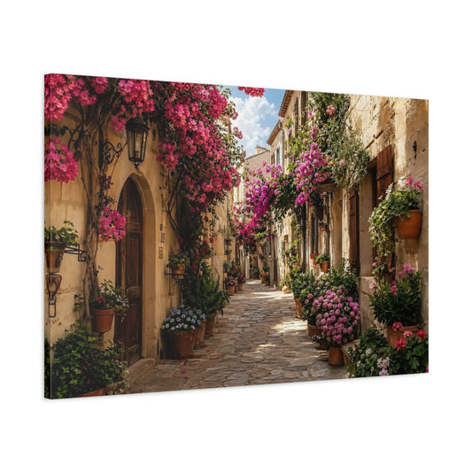 Main Mockup. Floral Flowery Street Pink Flowers Street shown as stretched canvas wall art
