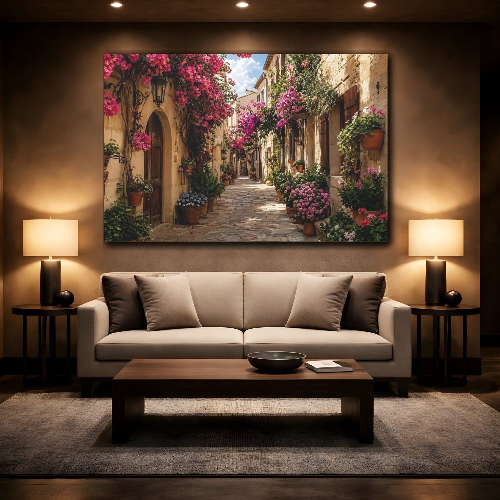 Mockup 2. Floral Flowery Street Pink Flowers Street shown as stretched canvas wall art