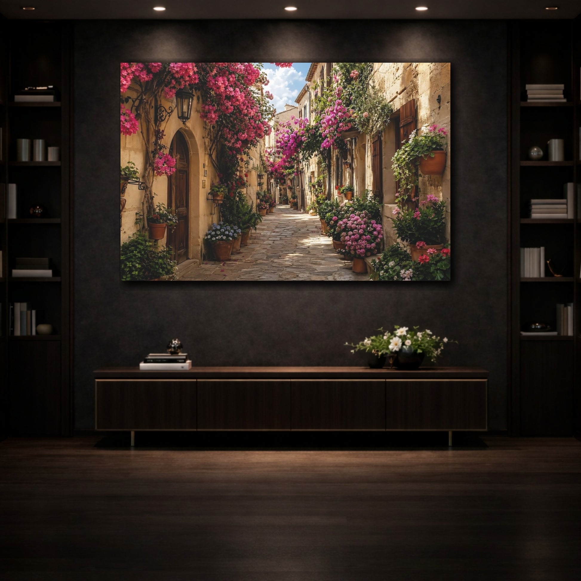 Mockup 3. Floral Flowery Street Pink Flowers Street shown as stretched canvas wall art