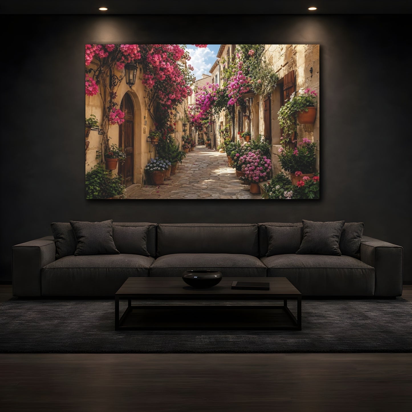 Mockup 4. Floral Flowery Street Pink Flowers Street shown as stretched canvas wall art